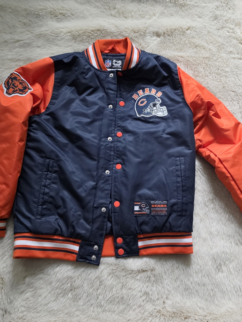 Chicago Bears Kids Navy and Orange Varsity Jacket Size 14